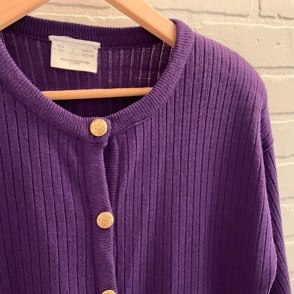 Vintage 80s Knit Dress Midi Secretary Purple Longsleeve Button down Pockets 14 - Picture 3 of 11